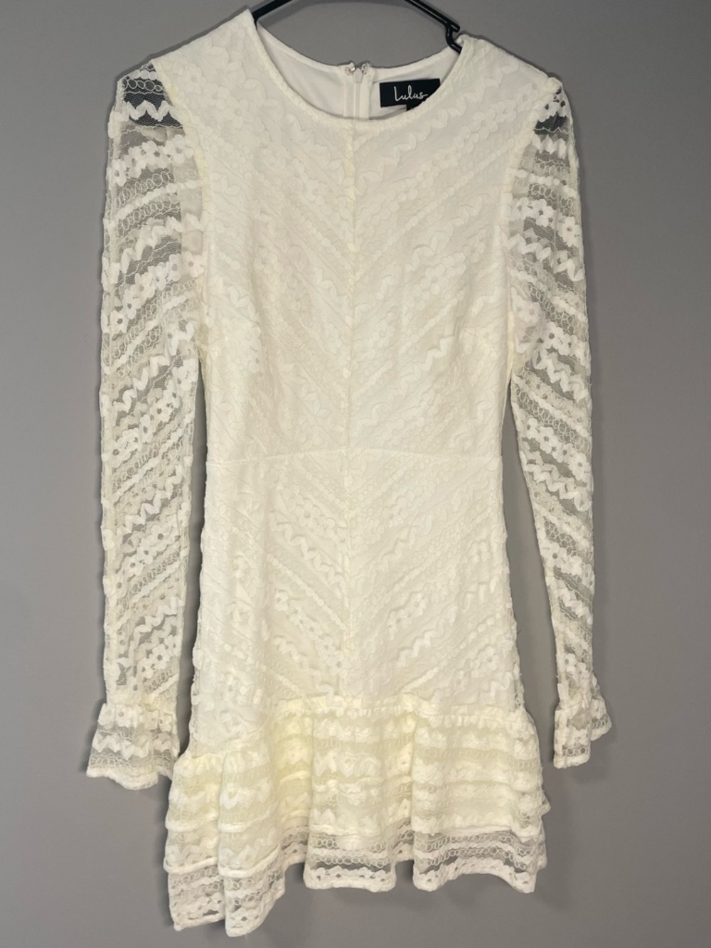 Lulus White Lace Long Sleeve Ruffle Hem Dress Call You Over Women’s XS Cutesy